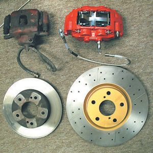 Compare the difference between the stock 240SX brakes and the new setup.