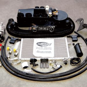 1 The complete Hot Rod Air climate-control installation kit for a ’55 Chevy panel truck includes the evaporator unit, control panel, air vents, condenser, compressor, dryer and a hose kit. This unit will also use a driver’s-side compressor mount.