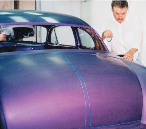  Establish the rear fender centerline. Carefully begin pulling the side lines of the design. Once the pattern is completed, transfer the reference points and design to the opposite fender. If it’s an intricate design use a paper pattern, and remember key reference points to guarantee a perfect mirror image on the opposite fender.