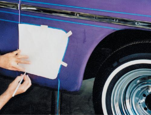 Cut out the pattern and tape it over the original design. Mark a series of reference points on the car and transfer the pattern. Flip the pattern over for a mirror image and mark the reference points on the new side. Move to the opposite side of the car and tape the pattern so all of the reference points match up to the reference points on the car. There are many methods for transferring patterns, including using a pounce pad and wheel. You can buy them at sign or art supply shops. They all work well if you establish good, reliable reference points. In this case we used simple ’50s-style basics to lay out the scallops.