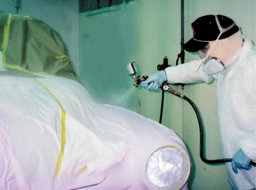 Casper opted to spray the lavender a bit on the dry side for a soft satin look. Be patient, as it may take several thin coats to achieve the desired color. Spray that is too wet or too dry can cause problems. Prior to painting on the car, adjust your fan, pattern and hand speed by taping a piece of masking paper to the spray booth wall and spraying a test pattern. Make adjustments to the pattern before actually spraying paint on the car.