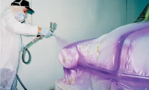 The fourth and final coat of lavender is applied. After the color is dry, intercoat clear is applied to protect it.