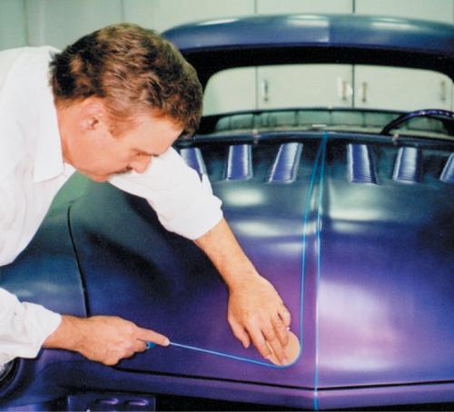 To help make perfect and consistent curves, cut out some thin cardboard circles in different sizes. Experiment with a few, choose one for each pattern, mark some reference points, and then tape it in the proper location, leaving room for the 1/8-inch tape. Move the circle to the opposite curve and repeat.